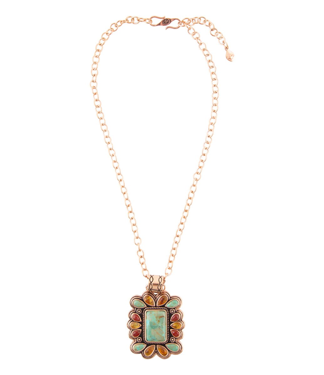 Blue Turquoise and Red Carnelian Copper Pendant Necklace