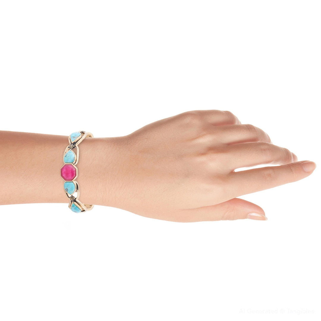 Blue Turquoise and Red Quartz Golden Cuff Bracelet