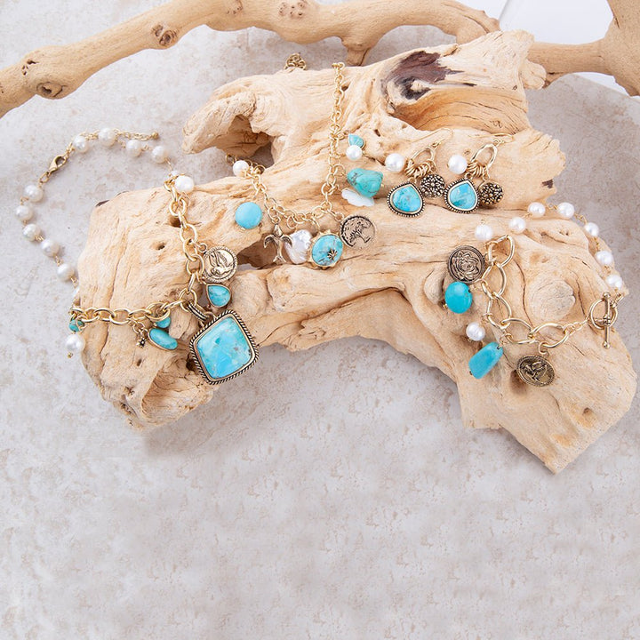 Blue Turquoise and White Pearl Multi Pendant Golden Necklace