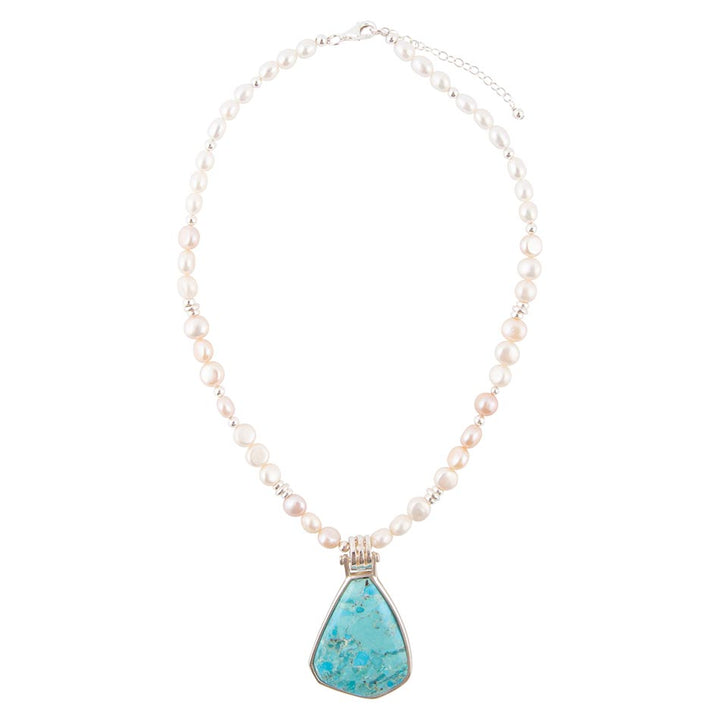 Blue Turquoise Pendant and White Pearl Sterling Silver Necklace