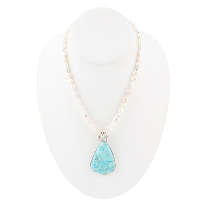 Blue Turquoise Pendant and White Pearl Sterling Silver Necklace