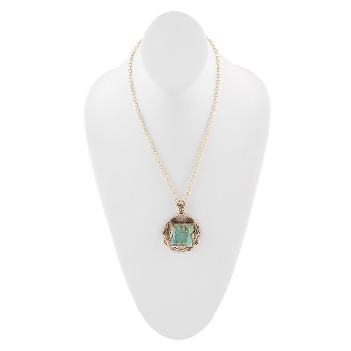 Blue Turquoise Square Golden Pendant Necklace