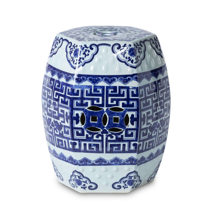 Blue and white Chinoiserie porcelain garden stool with intricate cobalt blue patterns.