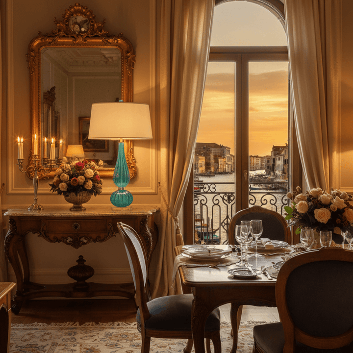 Interior of room with a view of Venice, Italy