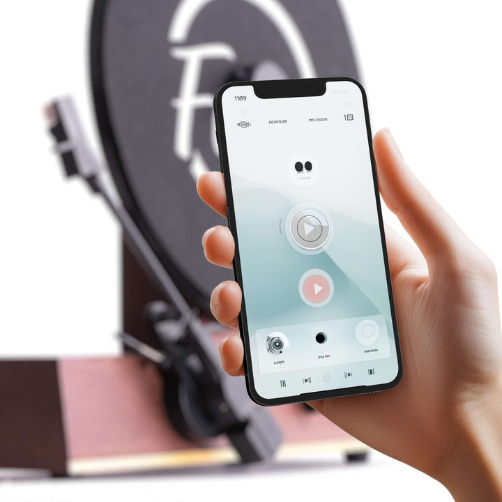 Hand holding a smartphone with a music app interface in front of a turntable.