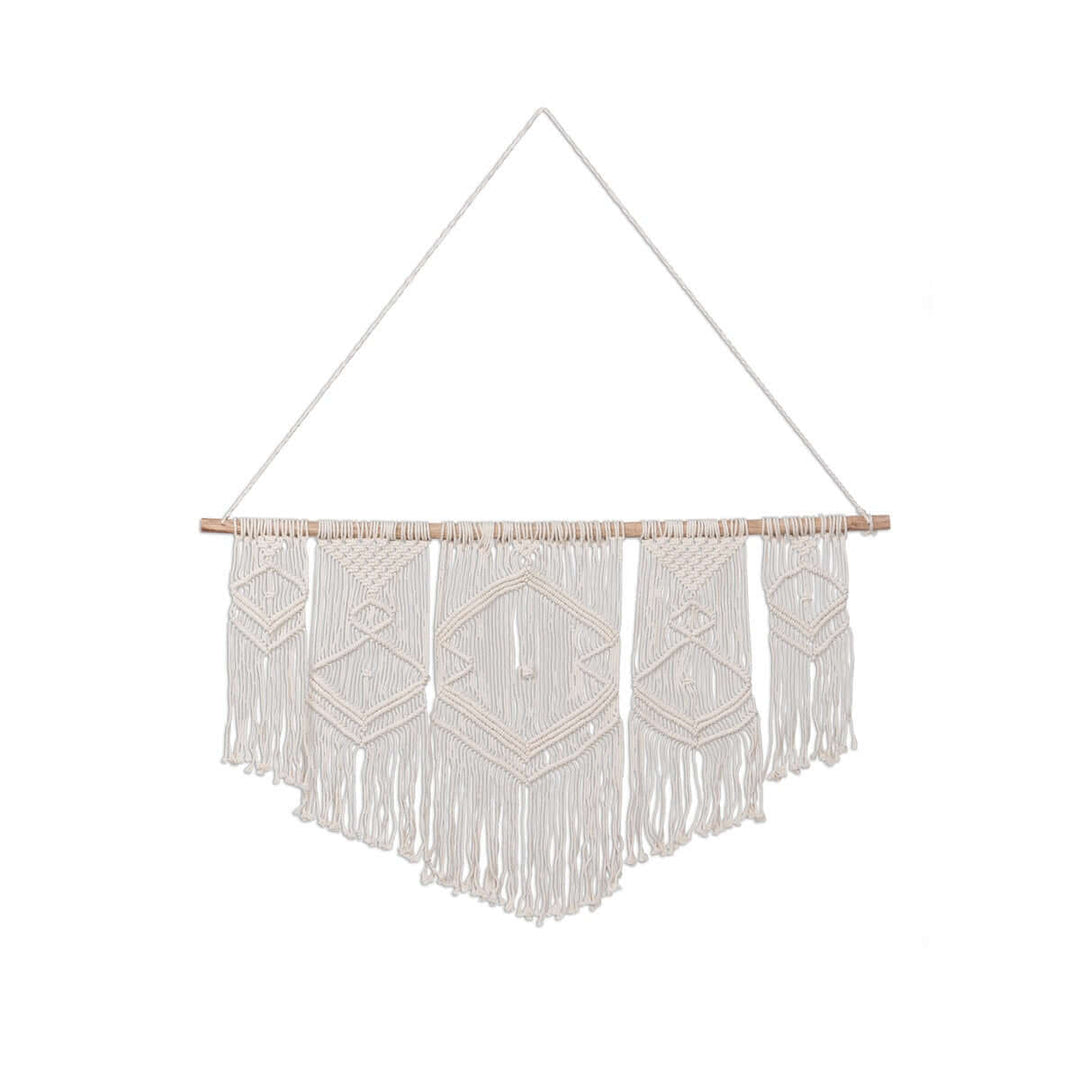 Boho Cotton Macrame Wall Hanging with intricate knots and fringes, handcrafted from natural cotton on a wooden rod.