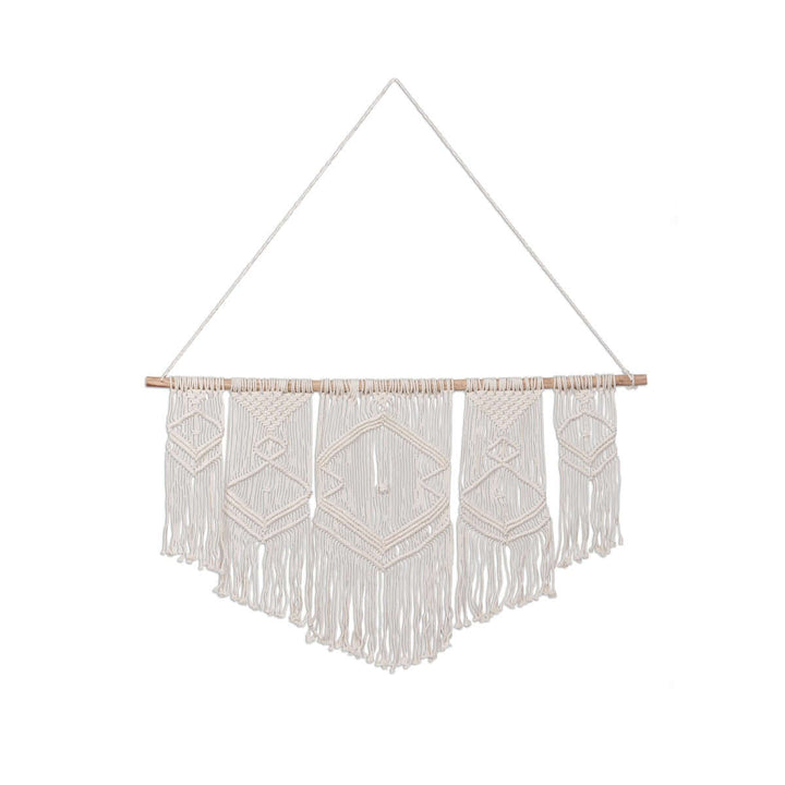 Boho Cotton Macrame Wall Hanging with intricate knots and fringes, handcrafted from natural cotton on a wooden rod.
