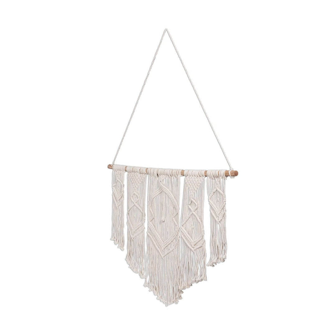 Boho Cotton Macrame Wall Hanging with intricate knots and fringes, handcrafted from natural cotton, enhancing bohemian home decor.