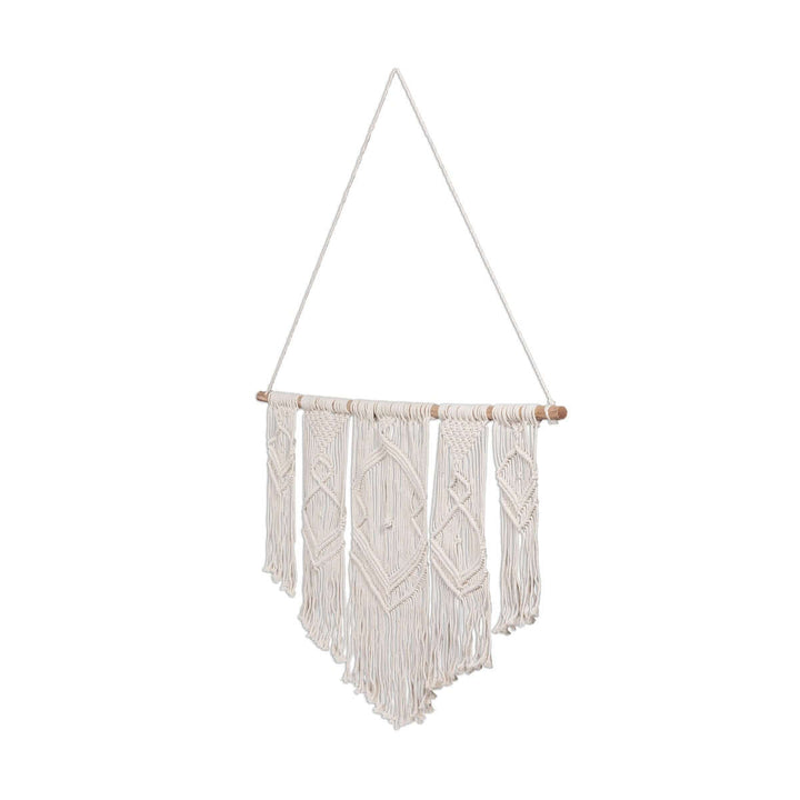 Boho Cotton Macrame Wall Hanging with intricate knots and fringes, handcrafted from natural cotton, enhancing bohemian home decor.