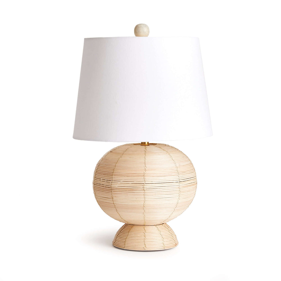 Boho globe rattan lamp with tapered white shade, featuring a rounded base and soft diffused light.