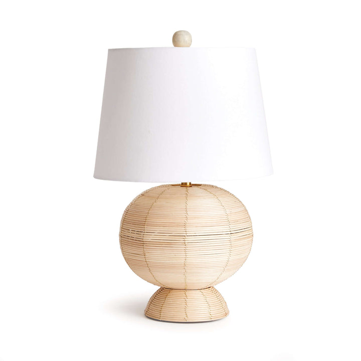 Boho globe rattan lamp with tapered white shade, featuring a rounded base and soft diffused light.