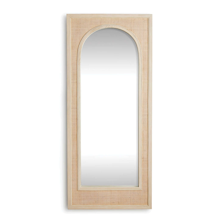 Boho rattan wall mirror in tall arched design, showcasing earthy texture and elegant form.