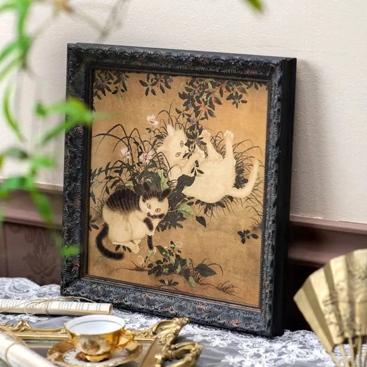 Style A botanical cat print in an ornate dark frame