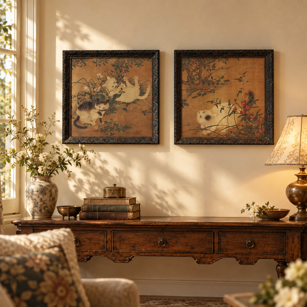 Botanical cat print displayed above a layered vintage console