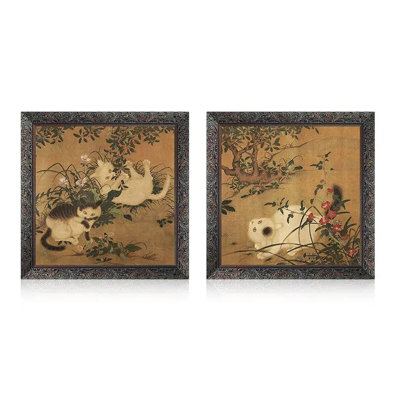 Close view of the second botanical cat print and carved frame