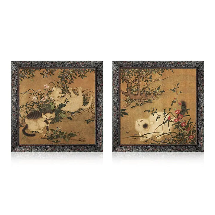 Close view of the second botanical cat print and carved frame