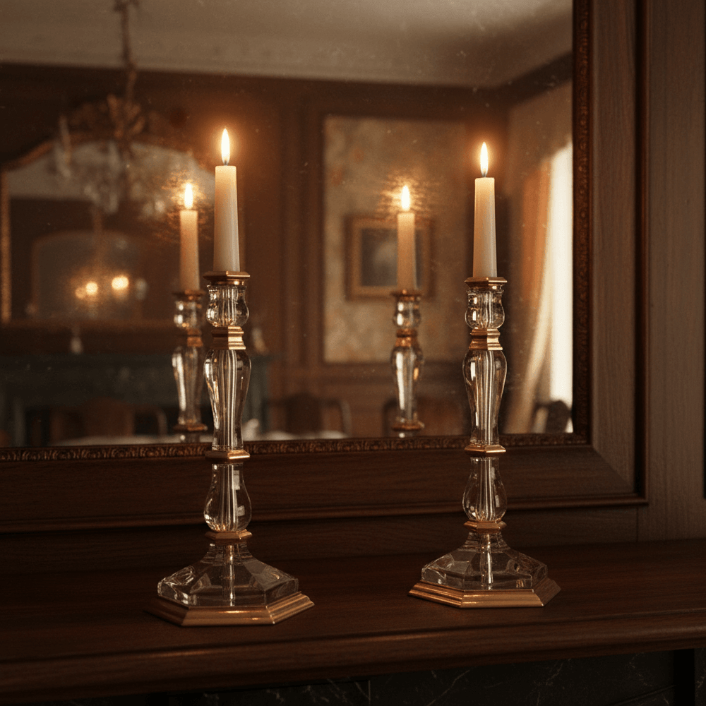Crystal and brass candlesticks on a mantel in front of a mirror