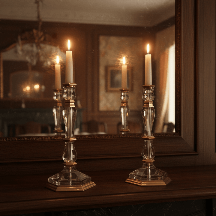 Crystal and brass candlesticks on a mantel in front of a mirror