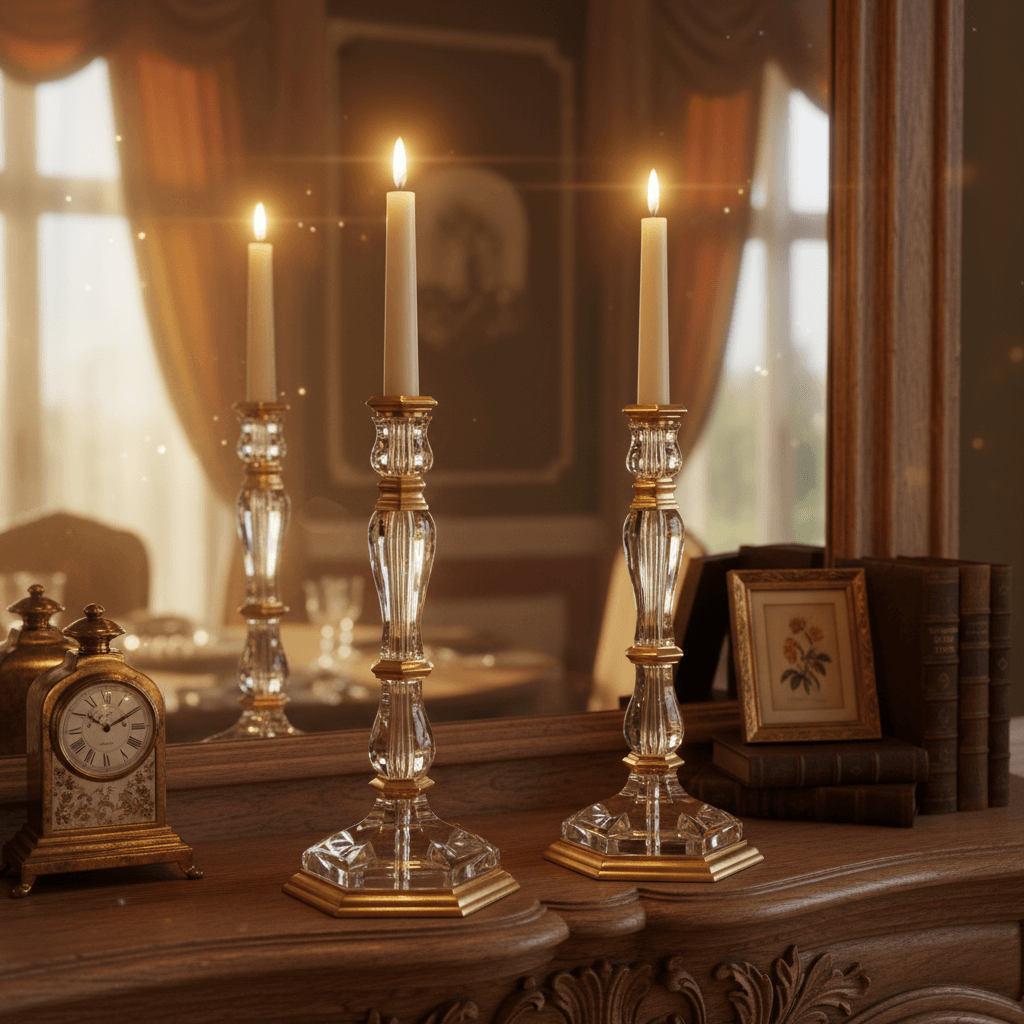 Crystal and brass candlesticks on a mantel in front of a mirror