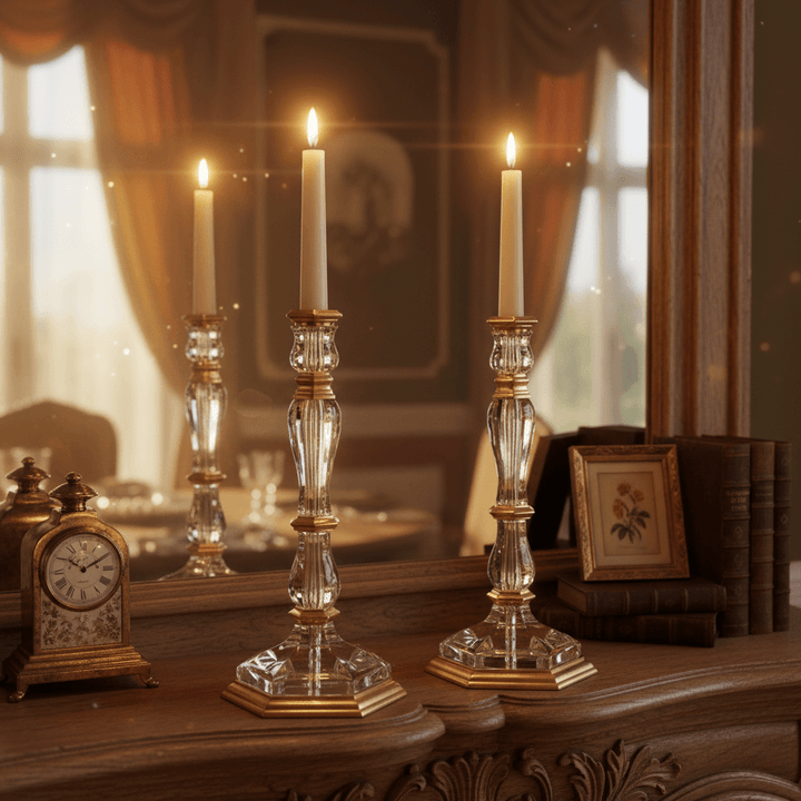 Crystal and brass candlesticks on a mantel in front of a mirror