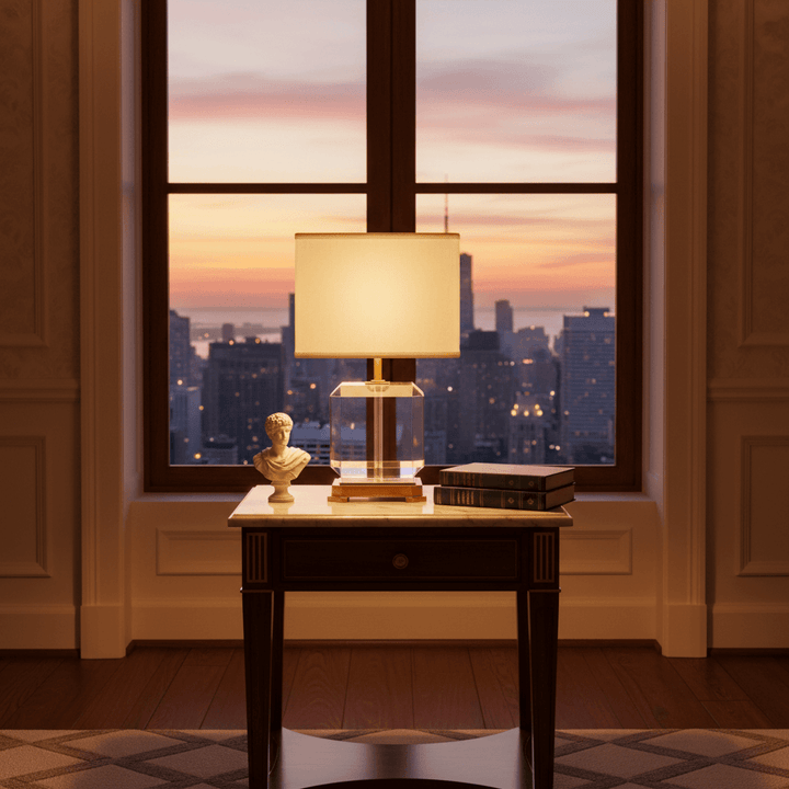 Lamp on a table with a cityscape view through a window