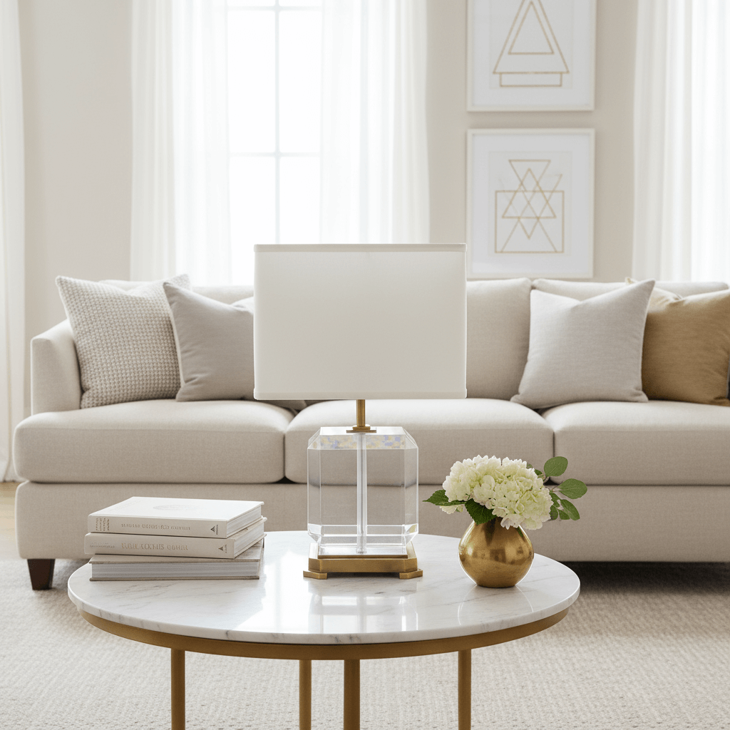 Living room with a beige sofa, round marble table, and decorative items.