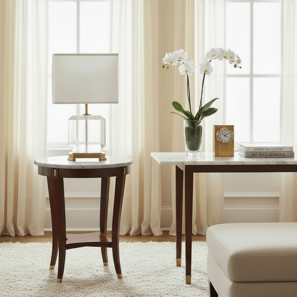 Living room with two side tables, a lamp, a clock, and a vase with flowers.