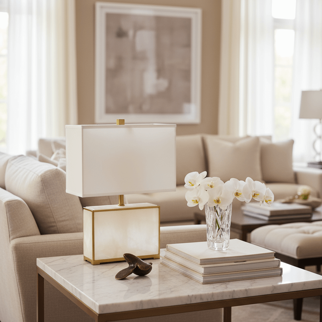 Table lamp in a living room with beige sofa, marble coffee table, and decorative items.