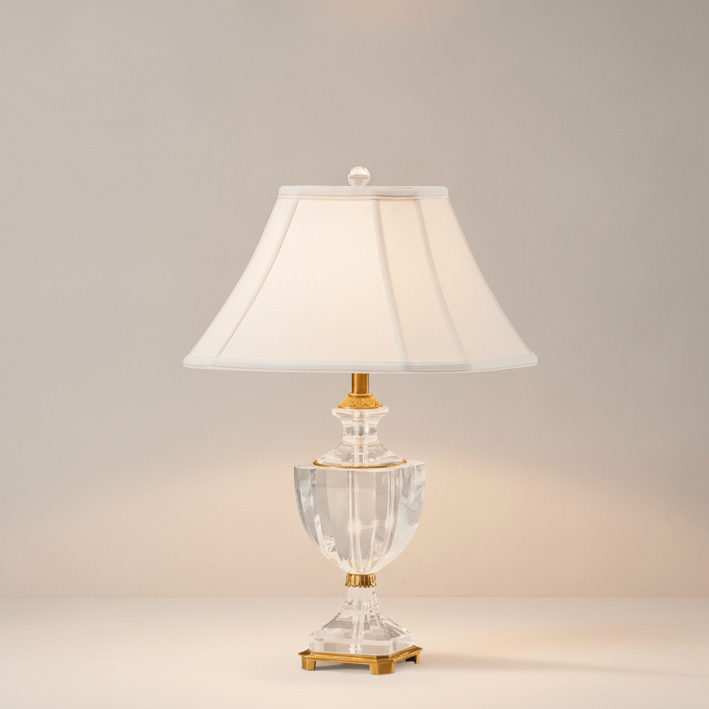 Decorative table lamp with a clear crystal glass base and white shade on a neutral background