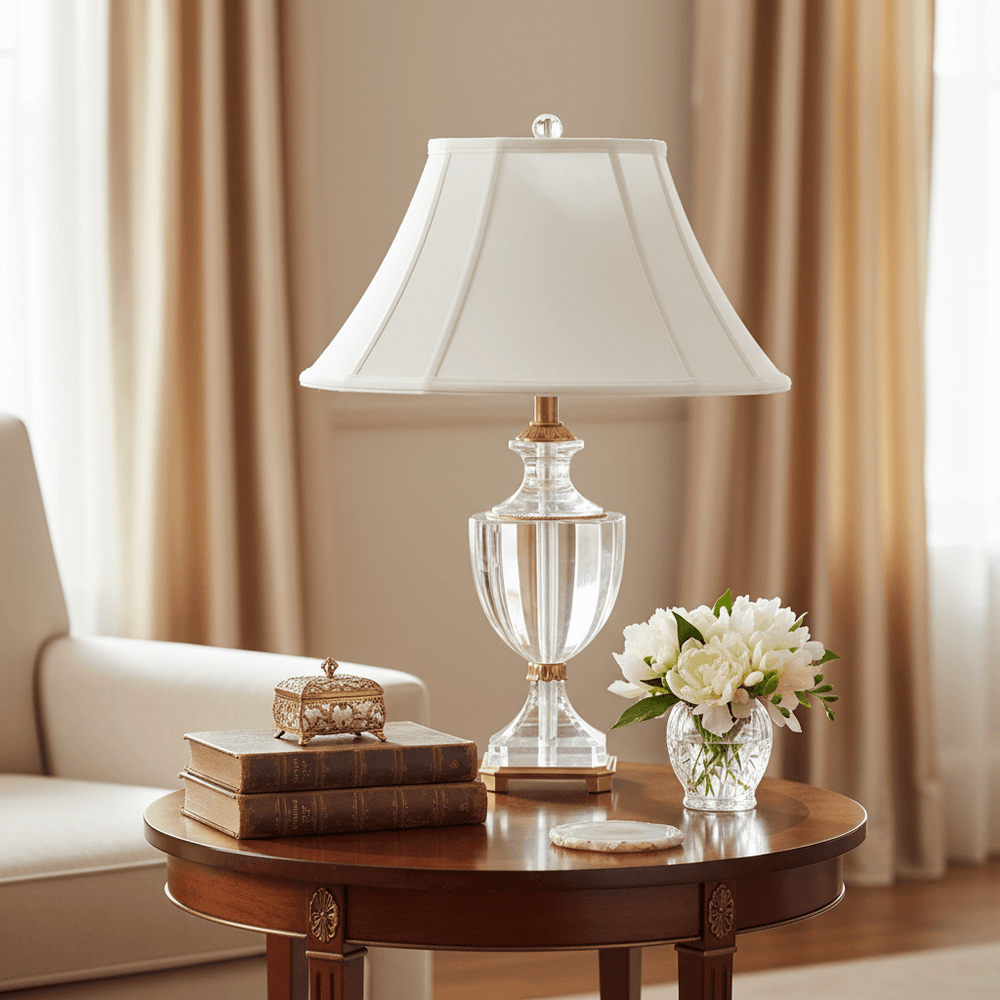Decorative lamp on a wooden table with books and flowers in a living room setting.
