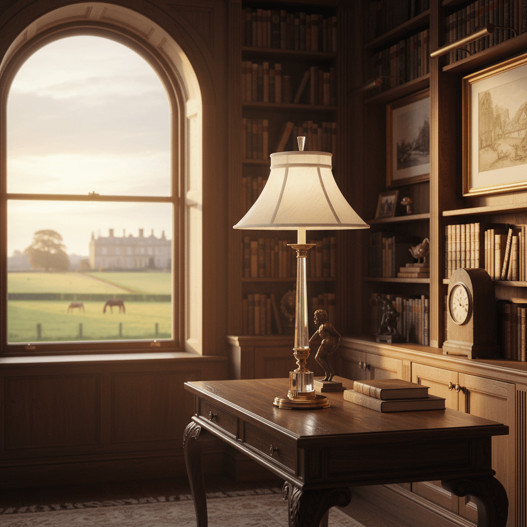 Brass and crystal table lamp on console in old world study