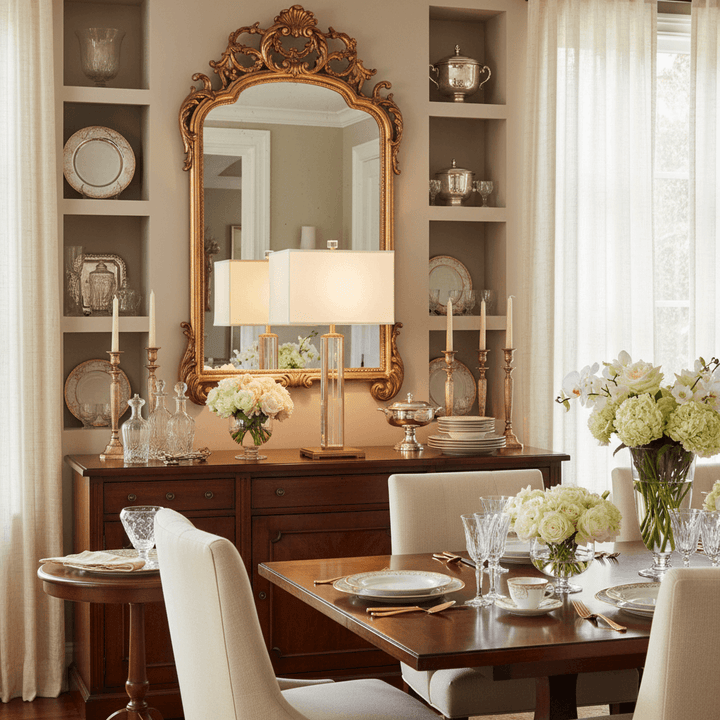 Crystal table lamp with brass base in dining room on console in front of ornate gold mirror.