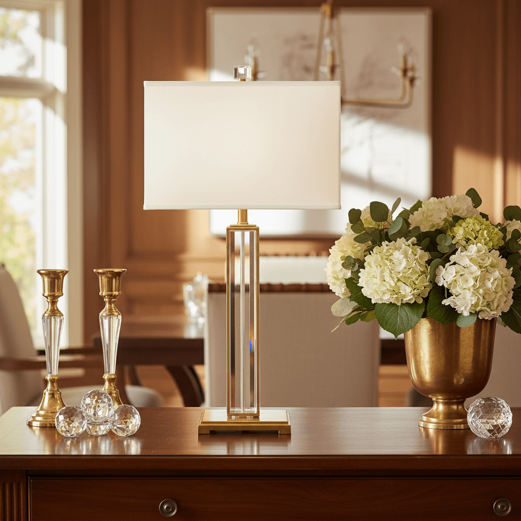 Crystal table lamp with brass base in dining room on console