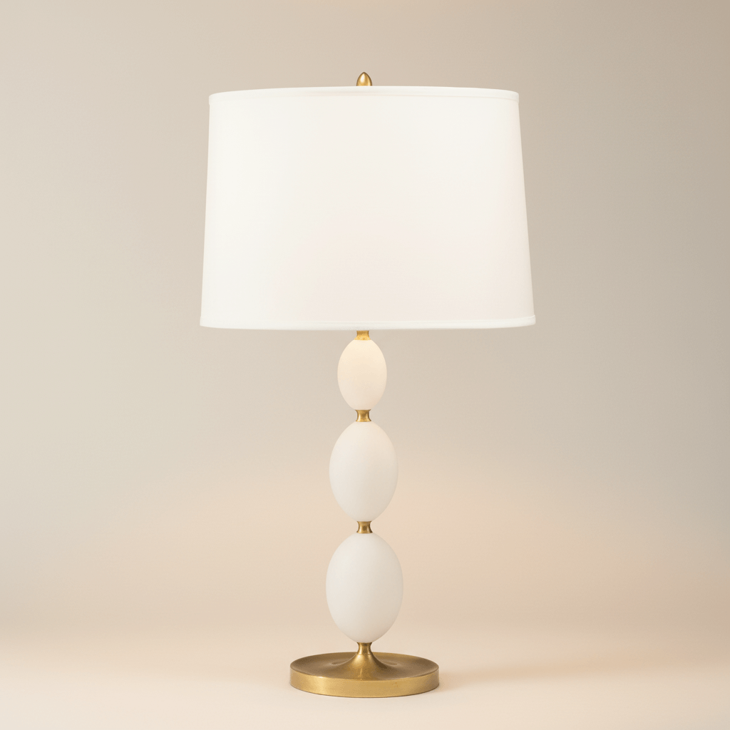 Table lamp with white shade and gold base on a beige background