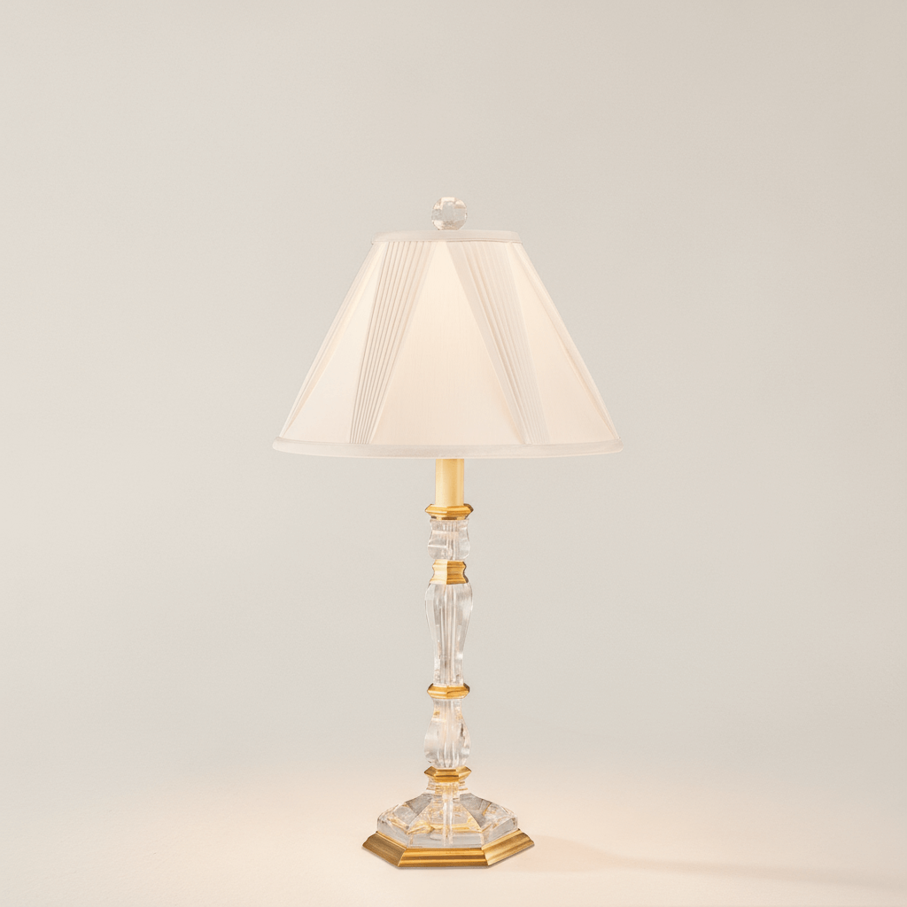Decorative table lamp with a white shade on a neutral background
