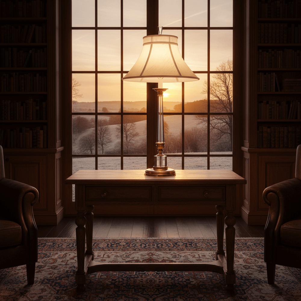 Brass and crystal table lamp on console in old world study