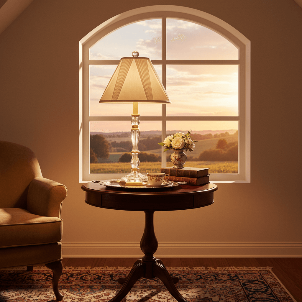 Table with lamp and flowers in front of a large window with a scenic view.