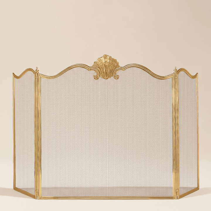Antique Brass Italian Fireplace Screen with Shell Crest