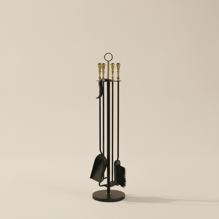 Vintage Italian Fireplace Tool Set with Brass Handles, artisan-crafted for elegant home decor, combining iron strength and brass luxury.