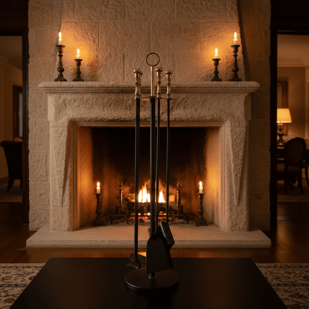 Vintage Italian Fireplace Tool Set with Brass Handles in a cozy living room setting with a lit stone fireplace and candlesticks.