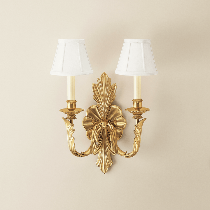 Antique Brass Double Arm Sconce with Pleated Shades