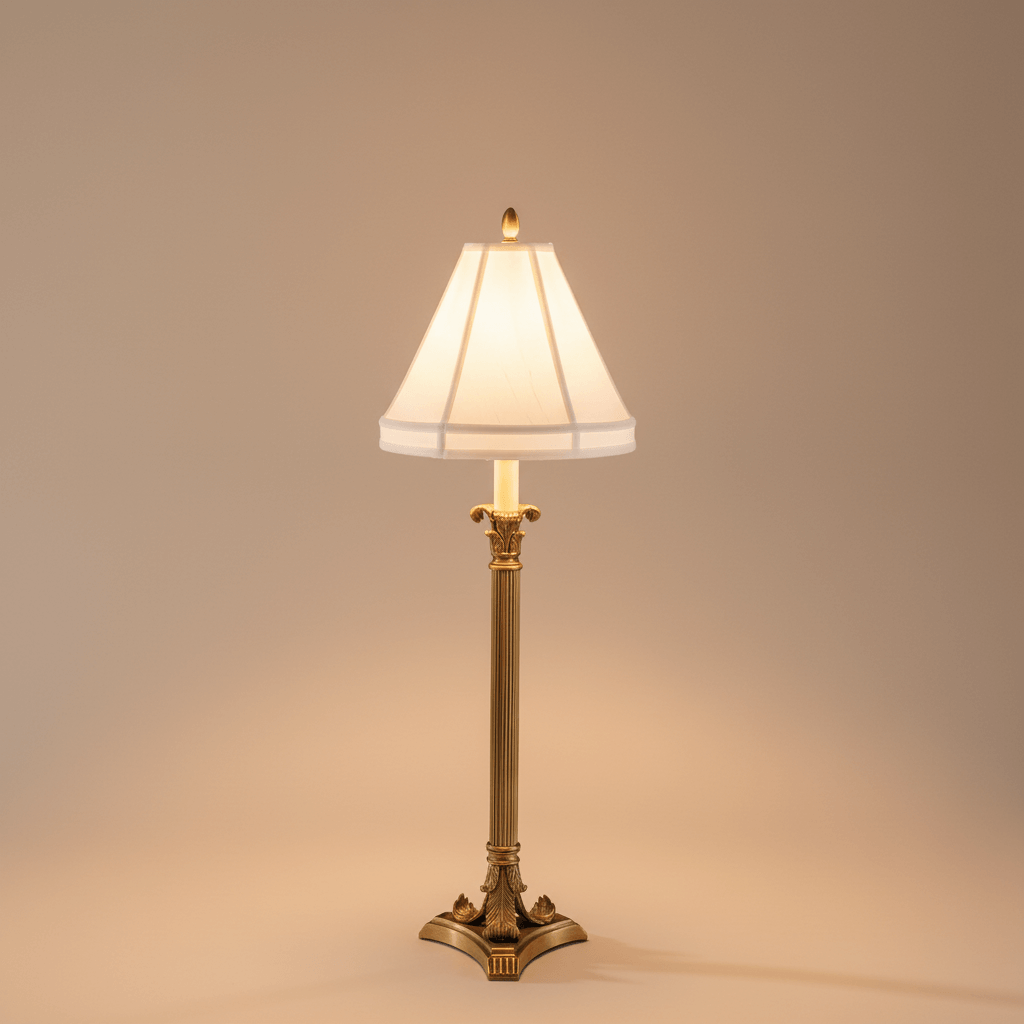 Decorative table lamp with a white shade and gold base on a beige background
