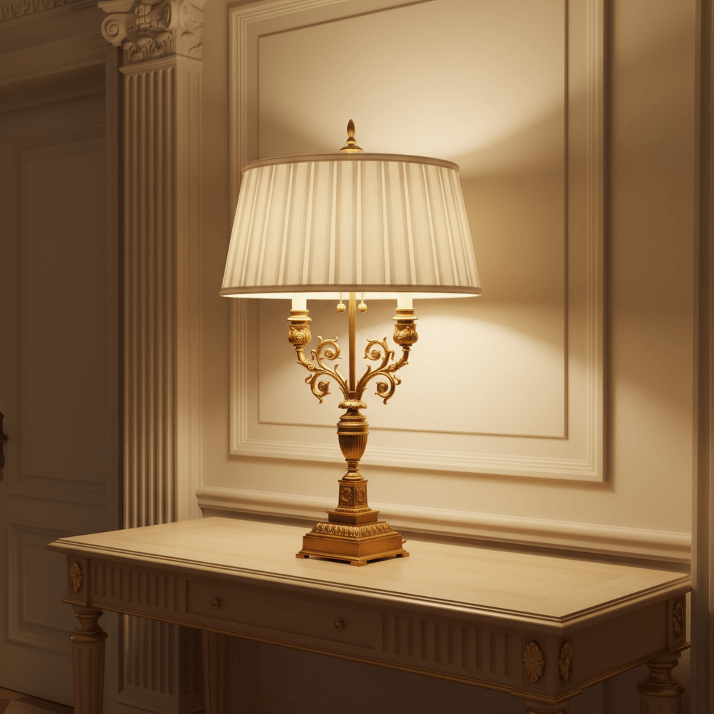 Decorative table lamp with a white shade on a wooden table against a wall with molding.