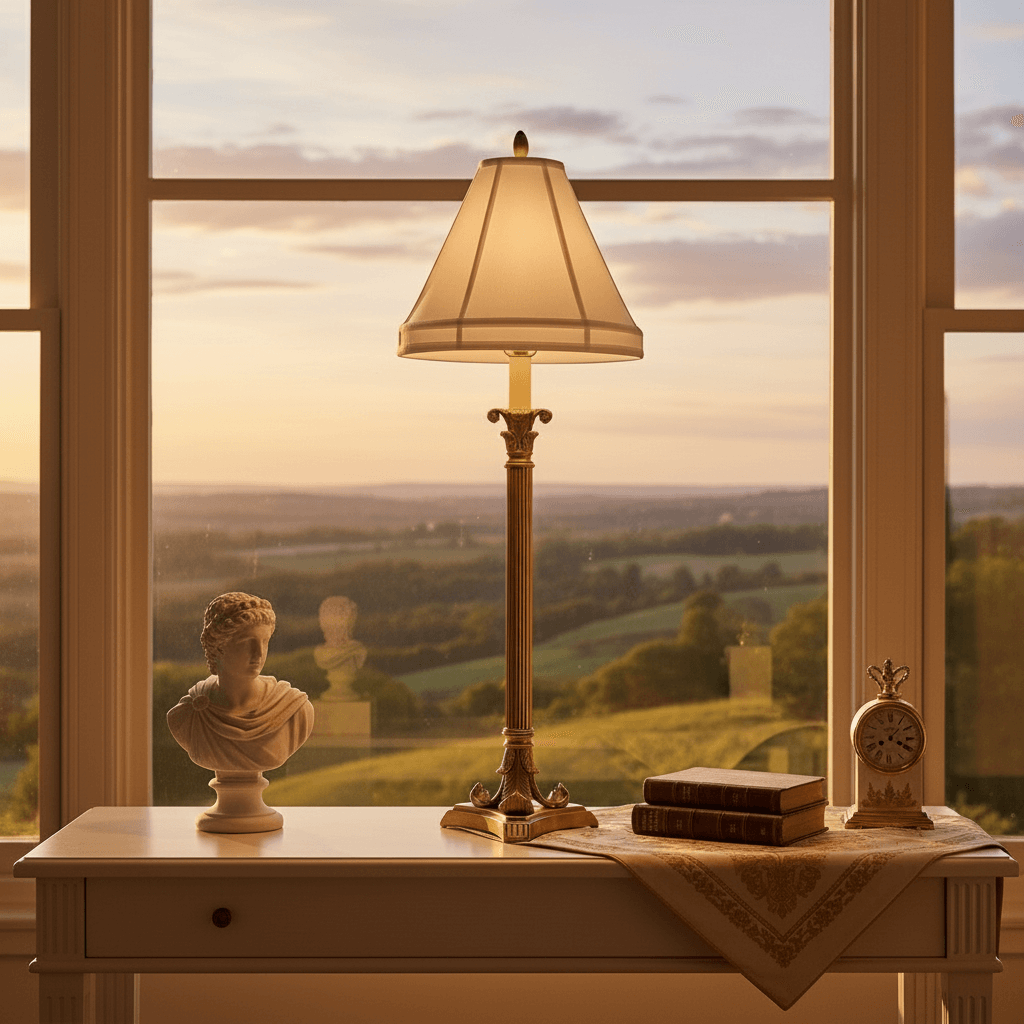 Decorative lamp on a table with a scenic view outside the window