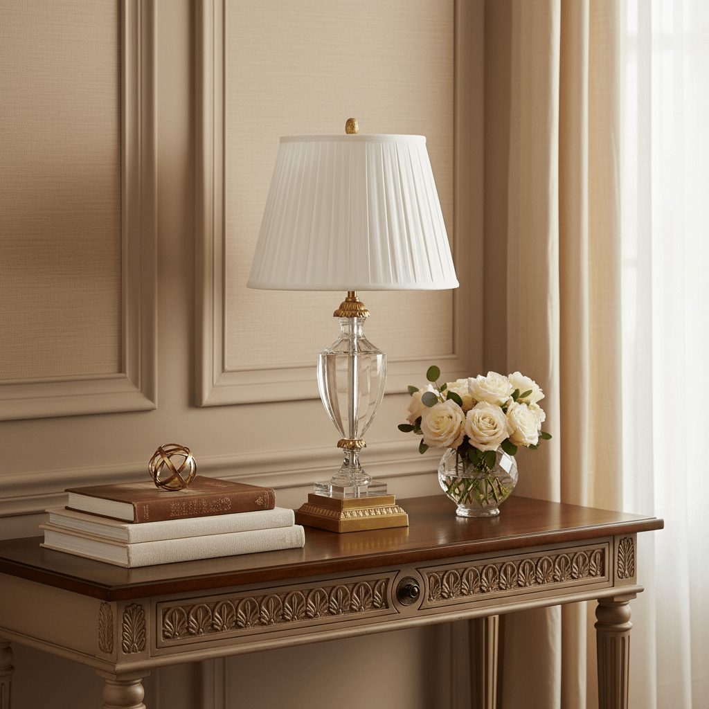 Decorative table with lamp, books, and flowers in a room with beige walls and curtains.