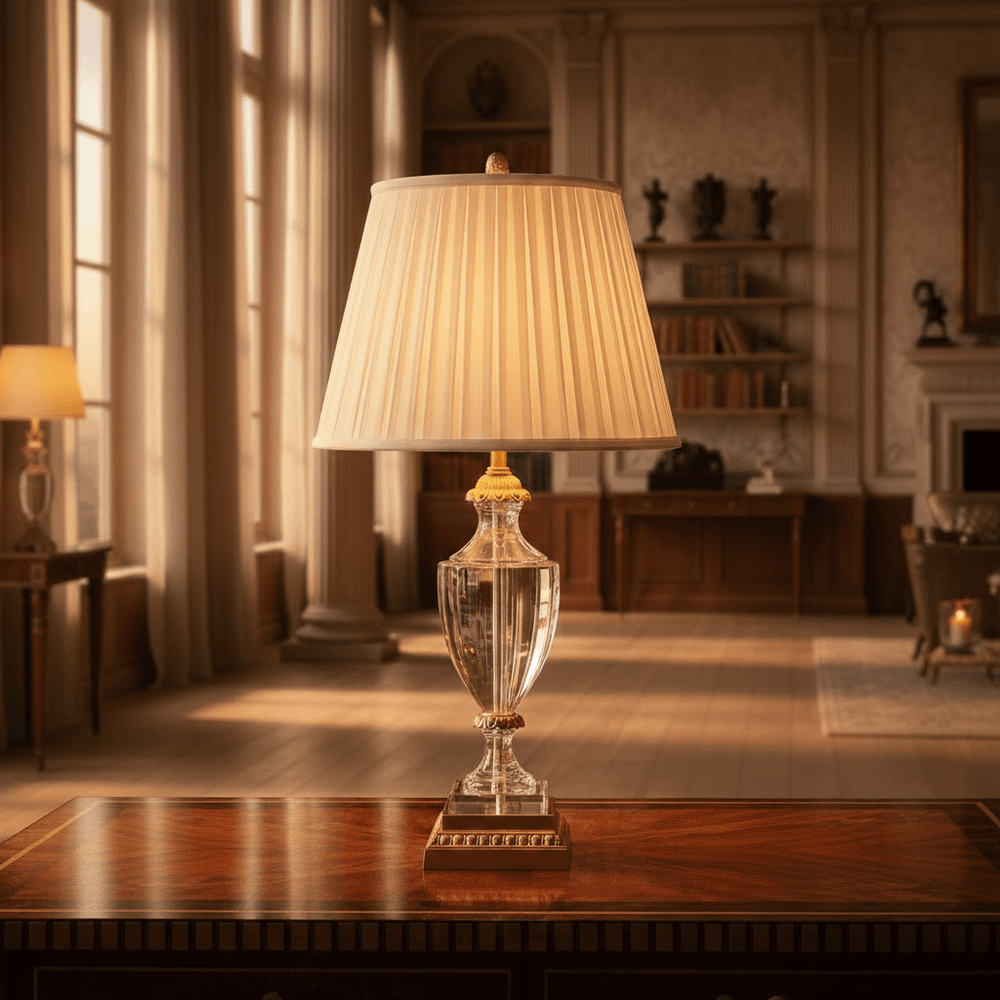 Decorative lamp with pleated shade on a wooden table in a room with bookshelves and a fireplace.