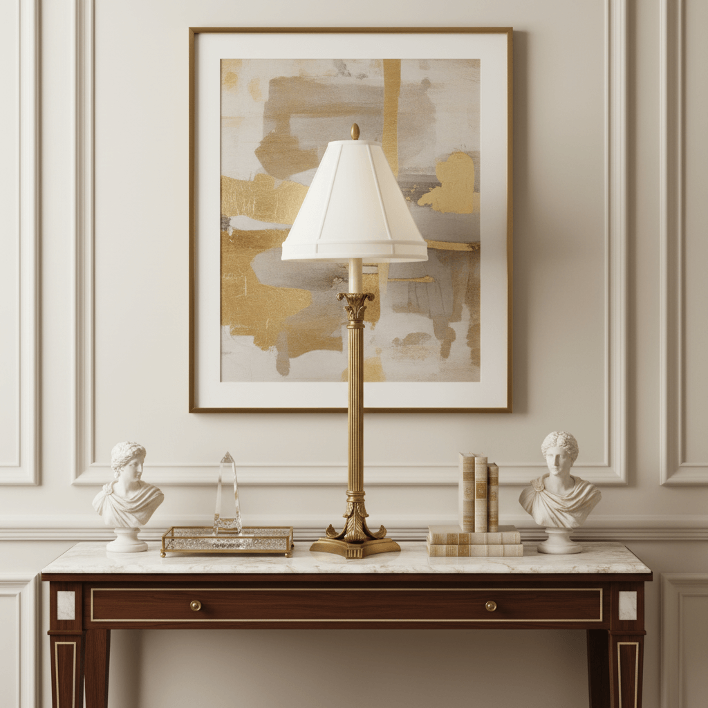 Decorative table with a lamp, sculptures, and books against a wall with framed abstract art.
