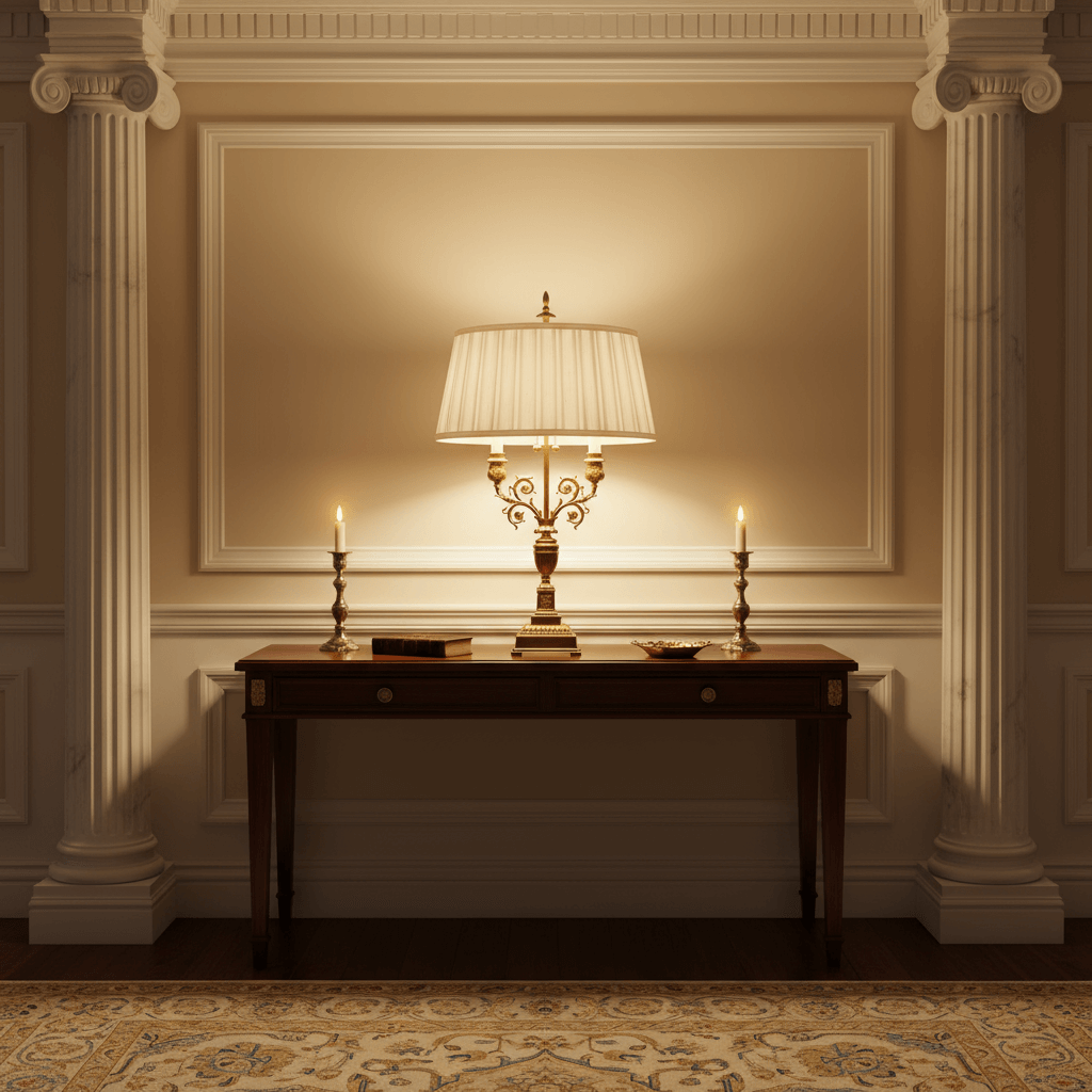 Decorative table with a lamp and candles in an elegant room with columns.