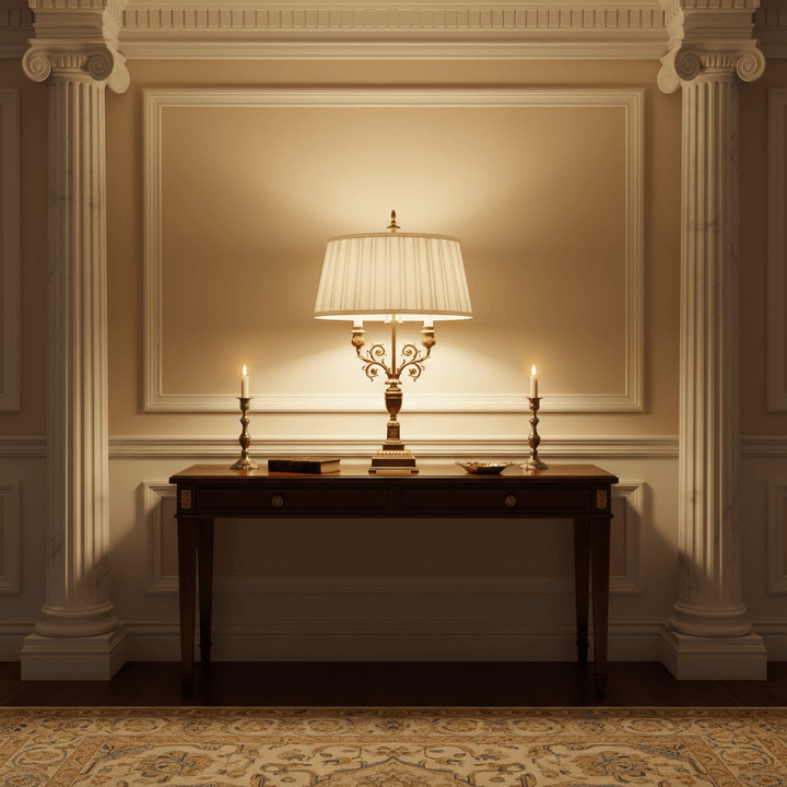 Decorative table with a lamp and candles in an elegant room with columns.