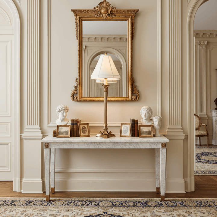 Decorative console table with a lamp, framed pictures, and sculptures against a wall with an ornate mirror.